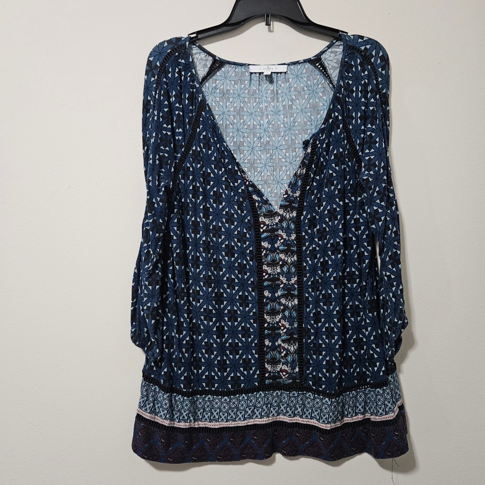 Fever Womens‎ Blue Geometric Floral Print V-Neck Crochet Trim Tunic Top Large